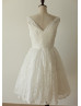 Ivory Deep V Neckline Folded Lace Short Prom Dress